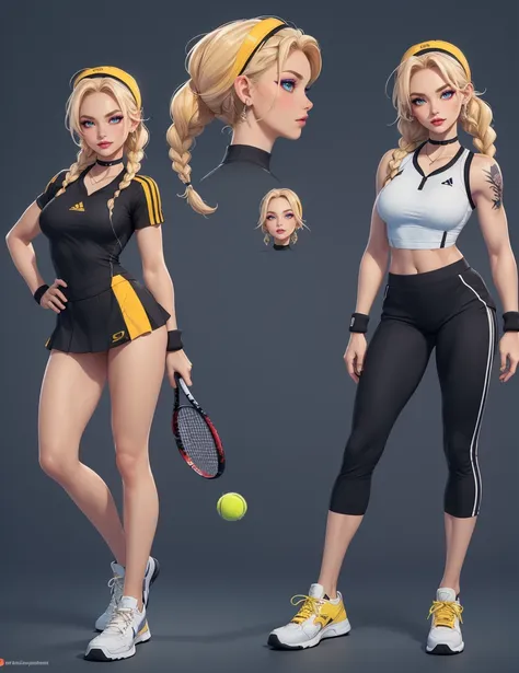 The concept character sheet of a strong, attractive, and hot lady player tennis, (player tennis style), wearing black and yellow player tennis clothes, white sneakers and cap. Her face is oval, forehead is smooth and visibly rounded at the temples. jawline...