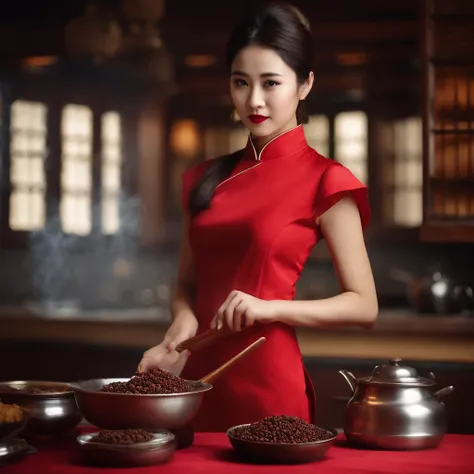 master piece of photograph, 1 beauty Chinese girl wear red Cheongsam made Sichuan pepper grilled, like professional chef, on desk have Sichuan pepper grilled, kungfu cooking act, show flow in yinyang symbol in the air, luxury Chinese kitchen, high detail, ...