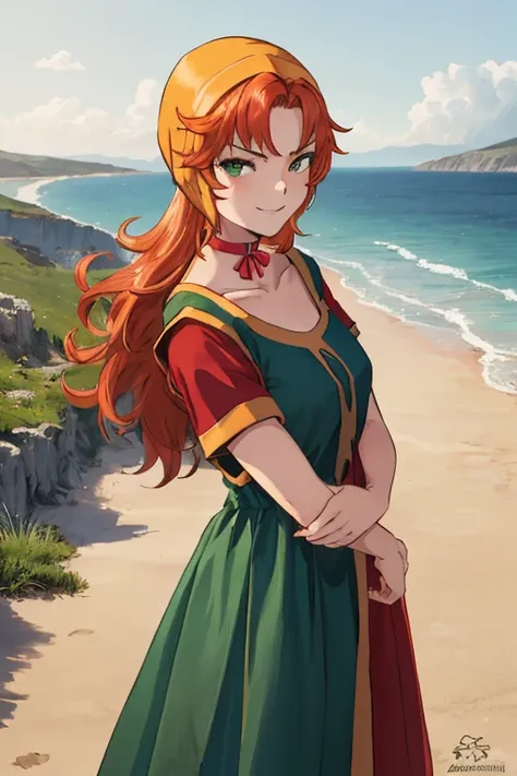 maribel, long green dress, orange hair,hood, (best quality, masterpiece, RAW photo,ultra-detailed:1.2), 1girl,solo,red choker,looking at viewer, smug, Medieval seaside town in the Aegean Sea backgroud,