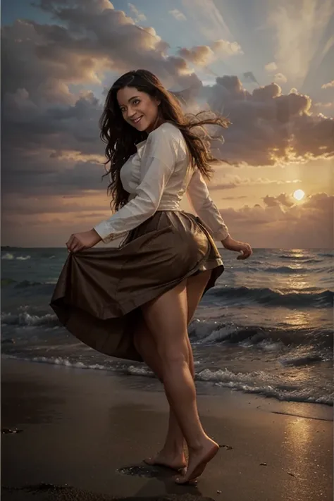 1800s oil painting a very beautiful woman, dance, realistic, full body, swimming, nice legs, feet, smile, long hair, short skirt,, sunset,  open dress sea waves 