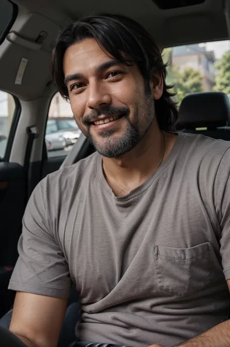 A very attractive mature gray-black haired man with a black beard smiling at the camera sitting inside a car driving in the foreground and is wearing a shirt and is very hairy on his arms and chest, Strong complexion