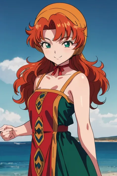 1990s (style), 1990s anime cels style, maribel, long green dress, orange hair,hood, (best quality, masterpiece, RAW photo,ultra-detailed:1.2), 1girl,solo,13years old,red choker,looking at viewer, naughty smile, Medieval seaside town in the Aegean Sea backg...