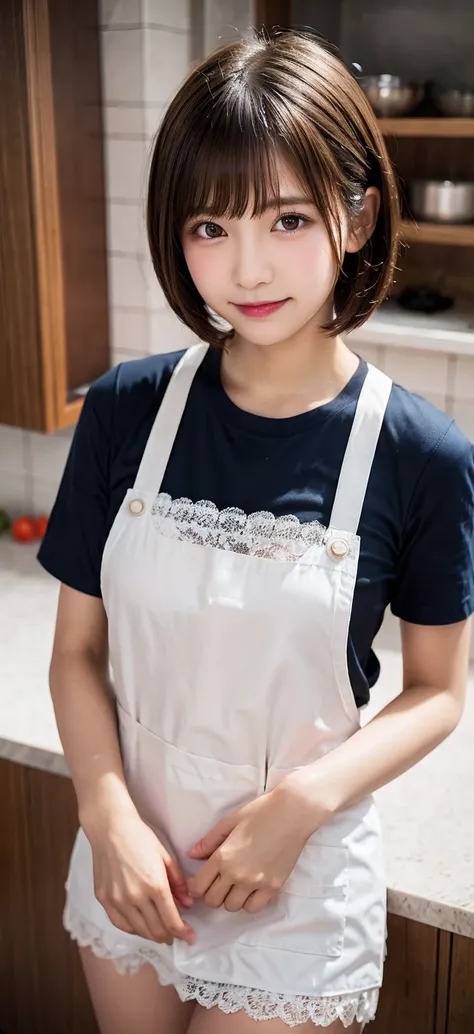 from below, looking at camera, naked body, Tasty-looking dishes, kitchen full of vegetables, Nude apron that shows your chest, Full lace short apron, colorful hair, kiss face, idol face, handsome face, blur the background, bob cut, huge breasts, 14 years o...