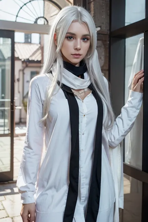 best quality, (Wide-angle shooting), CGS Society, 8ก, Very realistic, Masterpiece, Dark Elf , white hair, blue eyes, white clothes, black scarf, search, upper body, lock of hair, black skin, Hair is straight and loose.