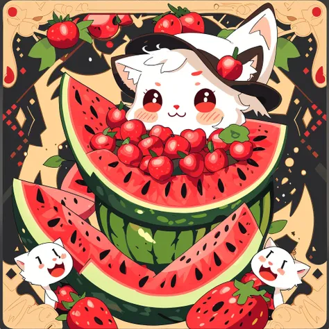 illustration:1.2, cat, kitty, realistic, hairy, dressed beast, apple, dark circles, blush, cherry, food, fruit, whole body, hat, non-human, strawberry, tomato, watermelon, in vector style, tarot card style, flat color, simple color