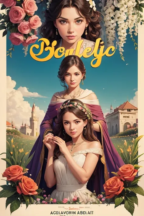 um cartaz de cimena, cartaz de teatro, com flores nas bordas, alta qualidade, hollywodd, disney