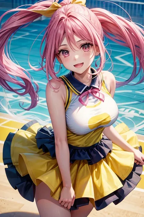 one female、pink hair、pink eyes、long ponytail、yellow ribbon、cheerleader、open your mouth、smile、basketball court、blue sky、yellow po...