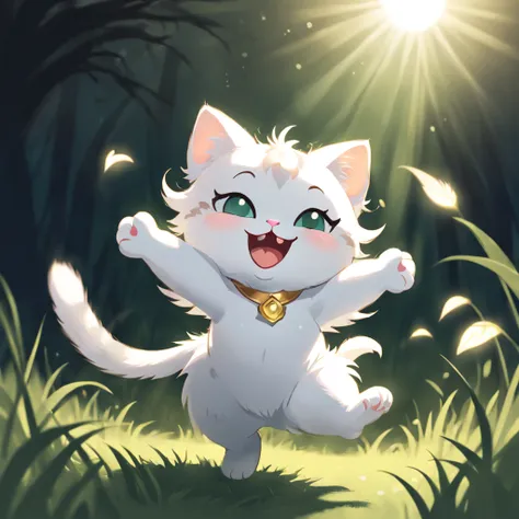 cute kitty dancer, is a non-human character, white flat color, dancing in long grass, kitty ears fluttering in the wind, bright ...