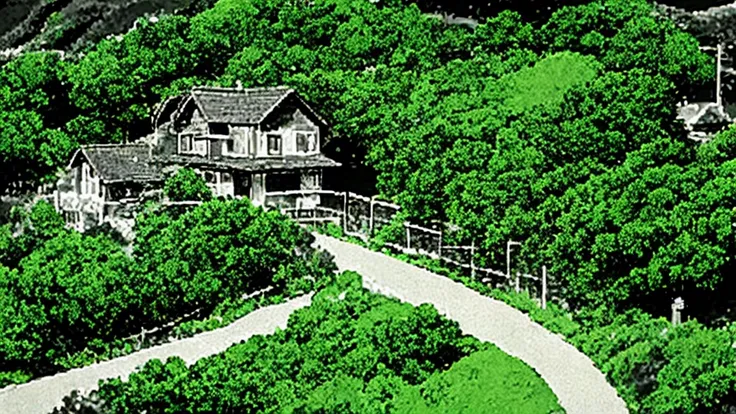 anime scene of a House on the hill with a fence and a street, House on the hill, studio Ghibli environment, style of studio Ghibli, Ghibli, by Miyazaki, studio Ghibli landscape, Ghibli artstyle, Ghibli studio style, Ghibli vibe, Ghibli art style, Ghibli st...