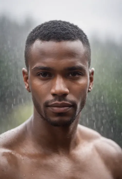 Handsome black man in closeup without beard shaved hair serious without clothes looking at camera rainy background