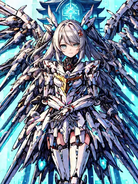 highest quality、very詳細な、masterpiece、super detailed、enlightenment、((1 girl))、silver hair、hair length、floating hair、、cyber city、Neon building、(Upper body:1.05)、very_be familiar with_eye_and_face,cybernetic wings mechanical wings、random posture、Skyscraper、、Me...