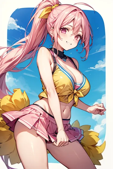 One female、pink hair、pink eyes、long ponytail、yellow ribbon、cheerleader、smile、blue sky、(holding yellow pompoms in both hands)、big breasts、One female、Full support、best style、beautiful legs、