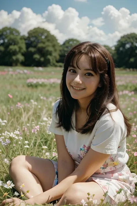 80s anime-style anime girl sitting in a field of flowers and looking at the camera, sorridente. cor pastel com uma escopeta na mao