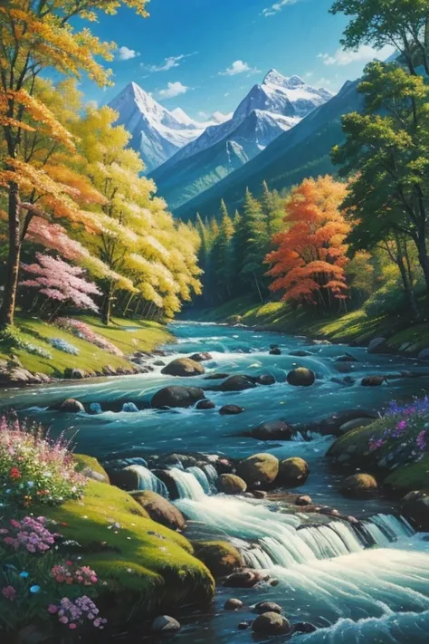 The exquisite beauty of nature:1.1, oil painting, professional, Vivid colors, Soft lighting, Landscapes, Detailed trees, Colorful flowers, flowing river, Majestic mountains, Gentle breeze, Clear blue sky, the sunlight filters through the leaves of the tree...