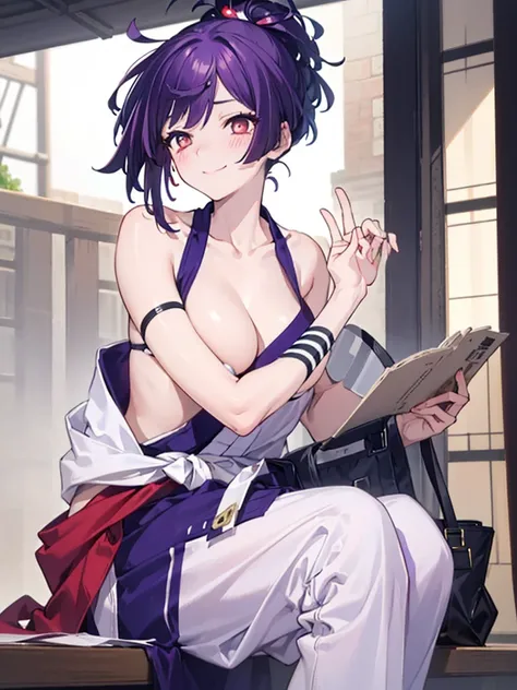 best quality, masterpiece, (leaning over:1.4), 
1girl, yuzuriha_(jigokuraku), purple hair, brown eyes, ninja, open clothes, cleavage, small breasts, topknot, medium hair, breasts apart, seductive smile, pants, undressing,  (blush:1.1),  japanese exterior, ...