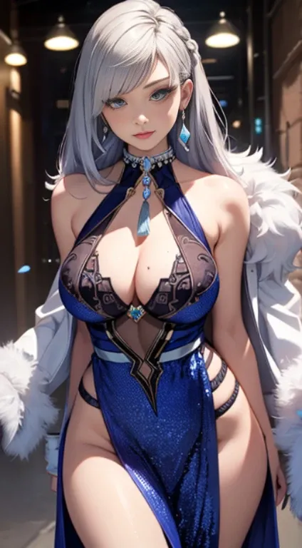 Best quality, masterpiece, realistic, Beautiful sexy cool tall, slim, fit woman, wearing fancy silver-blue sequin party dress, intricate and highly detailed, cleavage, long silver hair, body chain, jewelry.