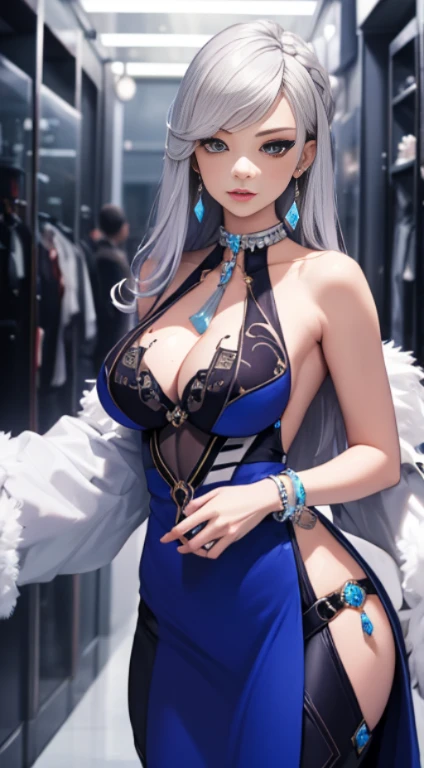 Best quality, masterpiece, realistic, Beautiful sexy cool tall, slim, fit woman, wearing fancy silver-blue sequin party dress, intricate and highly detailed, cleavage, long silver hair, body chain, jewelry.