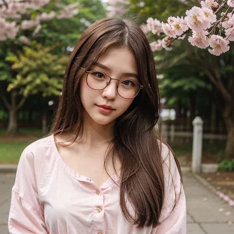 smooth long hair、brown hair、20th generation women、casual clothes、black tabby glasses、cherry blossoms、Fair skin、double、pale pink lips、front