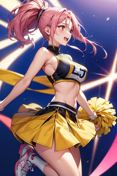 one female、pink hair、pink eyes、long ponytail、yellow ribbon、cheerleader、(holding yellow pompoms in both hands)、big breasts、one fe...