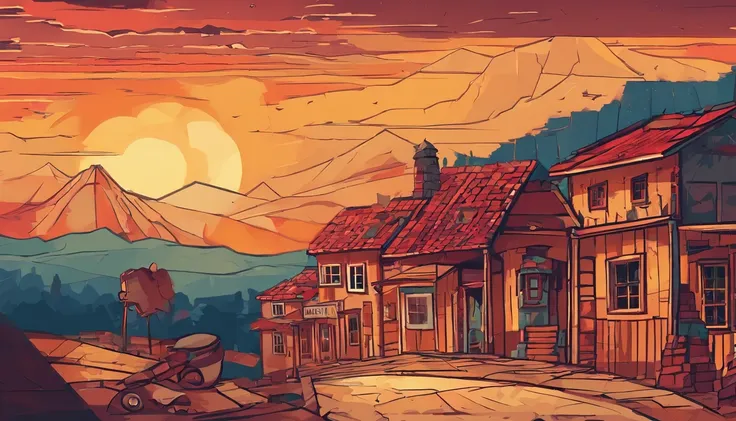 The image shows a sunset over an old Western town. The sky is a mix of bright colors, with shades of red, orange and yellow. The roofs of the houses and the streets of the city are illuminated by this warm and dazzling light.
The city is made up of low, bo...