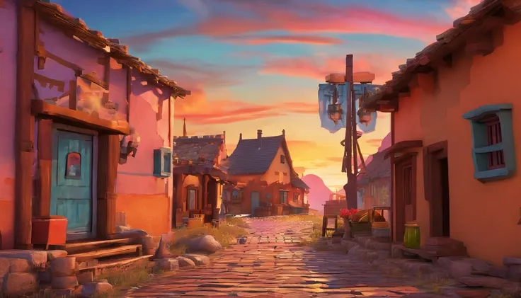 The image shows a sunset over an old Western town. The sky is a mix of bright colors, with shades of red, orange and yellow. The roofs of the houses and the streets of the city are illuminated by this warm and dazzling light.
The city is made up of low, bo...