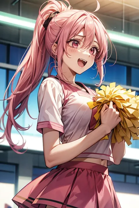 one female、pink hair、pink eyes、long ponytail、yellow ribbon、cheerleader、(holding yellow pompoms in both hands)、big breasts、one fe...