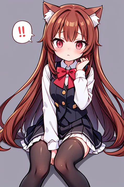 Cat ears,uniform, long hair, reddish-brown hair, mini skirt,thin tights,penis,knee socks,embarrassed look、