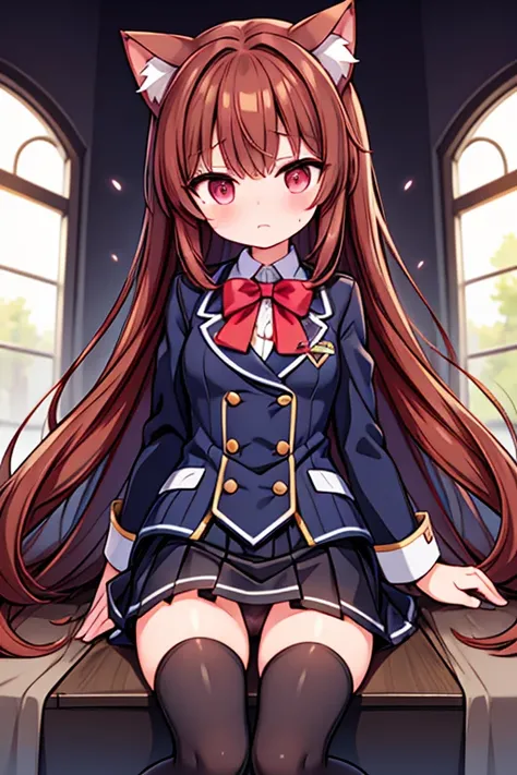 Cat ears,uniform, long hair, reddish-brown hair, mini skirt,thin tights,penis,knee socks,embarrassed look、