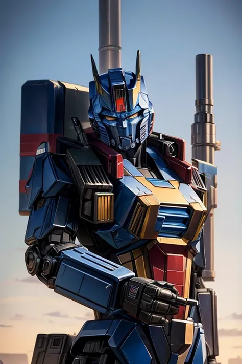 Close-up of robot holding gun, Optimus Prime, Masterpiece details, Transformers, Transformer G1, conversion, HD masterpiece, A masterpiece with exquisite details, model, masterpiece cannon, From Transformers, High quality masterpiece drawing