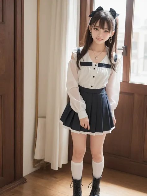 Masterpiece, super high resolution, super high definition, brown hair, super detailed, medium length, double eyelids, tear bags, sexy lips, earrings, great style, necklace, maid outfit, long skirt, frilled skirt, knee-high socks, boots, standing pose, Sexy...