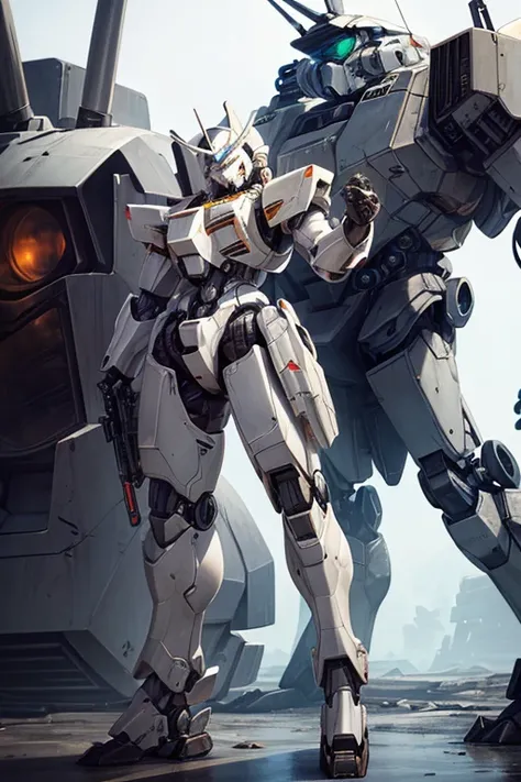 (close up),(with gun), (ferrite white armor) (animatronic exoskeleton), (Armored core style mech), (White mechanical set), (Wasteland Mecha), (mechasuit), (Full body mecha ensemble), (Inner core), (Mecha armor), (Sega Mecha), #Inside the mecha