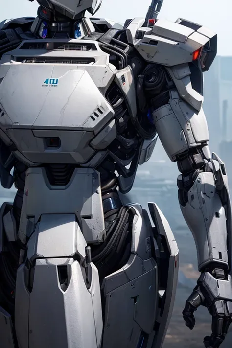 A close-up of a robot with a gun, made of ferrite white armor, featuring electronic animated exoskeleton and an armored core-style mech suit. The mech suit is pure white in color and is set in a wasteland backdrop. The robot is wearing a complete mechanica...