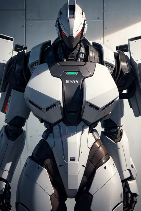 A close-up of a robot with a gun, made of ferrite white armor, featuring electronic animated exoskeleton and an armored core-style mech suit. The mech suit is pure white in color and is set in a wasteland backdrop. The robot is wearing a complete mechanica...