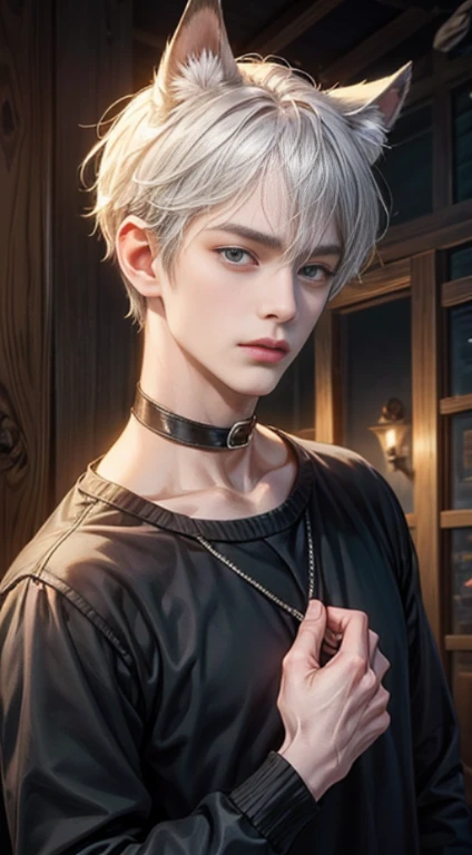 masutepiece, Best Quality, 1 man thai peaplo , handsome, Short hair, Silver hair, sharpteeth, tusk,Choker,Blue eyes,Black leather shirt, blush, western building, charicature, Looking at Viewer, Dog ears are attached on the head