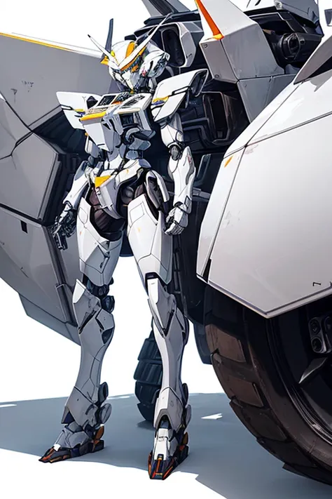 (Close-up of robot) (on white background) (with gun), (ferrite white armor) (animatronic exoskeleton), (Armored core mecha), (White mechanical suit), (barren slopes i), (mechasuit), (Full body mecha ensemble), (Mecha interior), (mecha armor), (Female mecha...