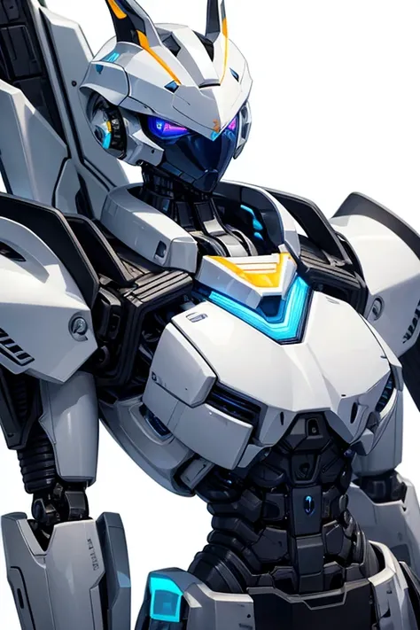 A close-up shot of a robot on a white background, holding a gun. The robot is wearing a white titanium exoskeleton with electronic animated joints. It has an armor core and is equipped with a white mechanical suit. The scene is set on a barren slope. The r...