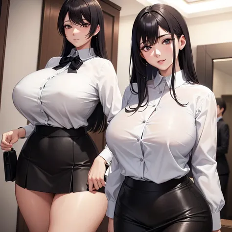 Highly detailed facial and skin texture, A detailed eye, 二重まぶた， seductiv，White color blouse，stewardess，cabelos preto e longos，Home，Black hip skirt，Big breasts dont leak， High-definition facial features，