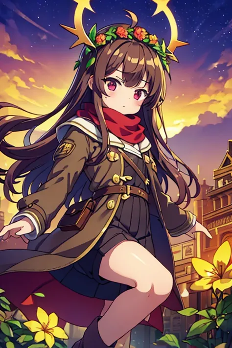 About 9 ~ 16 year old girl，red eyes，brown hair，white skin，wear a green coat，scarf，brown shorts，Wrapped with vines and golden flowers，With a crown，Purple shawl，brown boots，There is a blush，wreath，red trident，Two-dimensional style