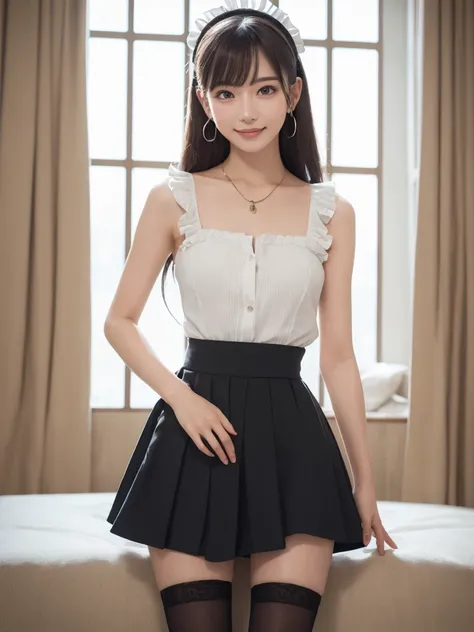 Masterpiece, super high resolution, super high definition, brown hair, super detailed, medium length, double eyelids, tear bags, sexy lips, earrings, great style, necklace, maid outfit, long skirt, frilled skirt, knee-high socks, boots, standing pose, Sexy...