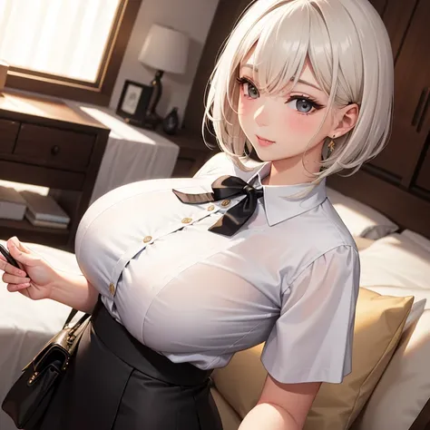 Highly detailed facial and skin texture, A detailed eye, 二重まぶた， seductiv，White color blouse，stewardess，cabelos preto e longos，Home，Black hip skirt，Big breasts dont leak， High-definition facial features，