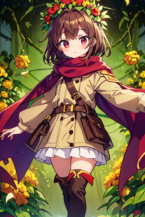 About 9 ~ 16 year old girl，red eyes，brown hair，white skin，wear a green coat，scarf，brown shorts，Wrapped with vines and golden flowers，With a crown，Purple shawl，brown boots，There is a blush，wreath，Two-dimensional style