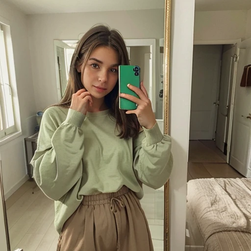 Create a photo of a European girl with light brown hair and green eyes dressed in oversized clothes taking a selfie and a photo in front of the mirror at home