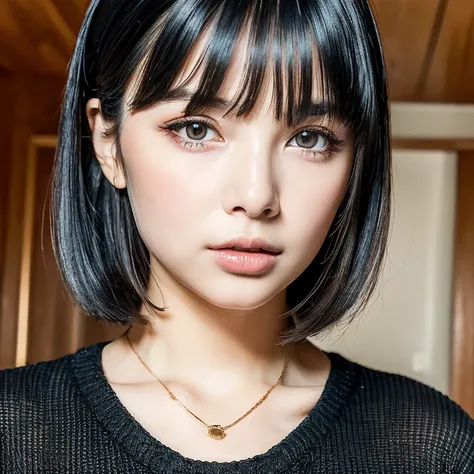 (masterpiece:1.3), (8K, realistic, RAW photo, highest quality: 1.4), (1 girl), beautiful face, (realistic face), (black hair, short hair:1.3), beautiful hairstyle, realistic eyes, beautiful and fine eyes, (realistic skin), beautiful skin, (sweater), disorg...