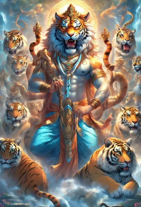 (((hindu god))) best quality, Ultra high resolution, 4K detailed CG, Masterpiece, Shiva,snake on the neck, light blue, indian,trident, four arms, Hindu mythology, Sitting on a tiger skin rug, ((Sitting tiger carpet) ) hindu pictures, about beauty, beautifu...