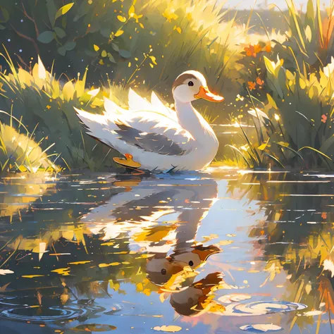 (masterpiece:1.2), best quality,pixiv,duck, reflection,reflective water