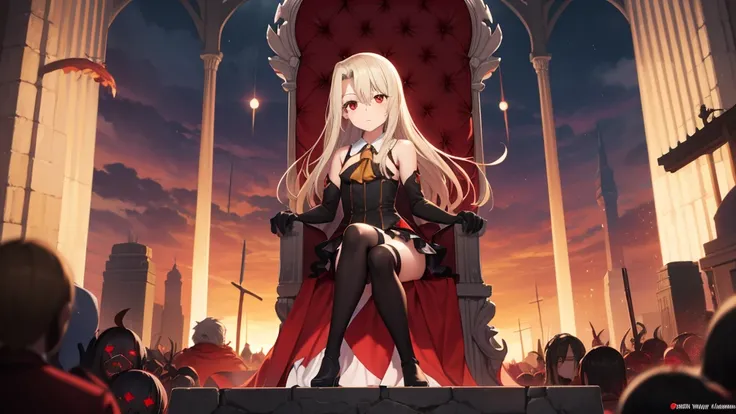 Illyasviel von Einzbern, blonde hair, hair between eyes, long hair, (red eyes:1.5),cool girl boots, Detached sleeves, black gloves，black skirt，Throne of Inferno，The Path of the Fallen King，Magic Sword，Dawn of Grace，Blackened style，despise