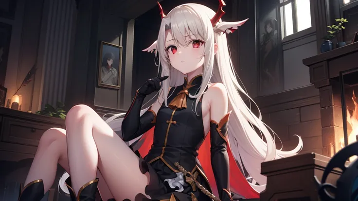 Illyasviel von Einzbern, blonde hair, hair between eyes, long hair, (red eyes:1.5),cool girl boots, Detached sleeves, black gloves，black skirt，Blackened style，despise，Throne of Hell，Destroying the divine realm，Dragon of the End，final annihilation god.Luing...