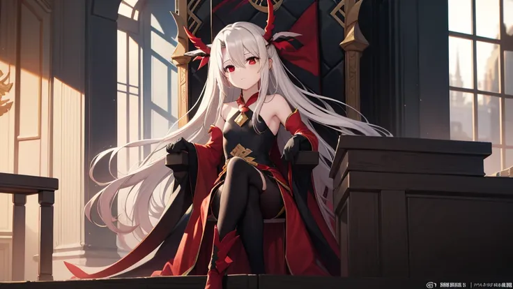 Illyasviel von Einzbern, blonde hair, hair between eyes, long hair, (red eyes:1.5),cool girl boots, Detached sleeves, black gloves，black skirt，Blackened style，Pride in arrogance，Throne of Hell，Destroying the divine realm，Dragon of the End，final annihilatio...