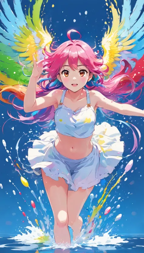 (Masterpiece, Best Quality, High Resolution), White Background, ((Paint Splash, Color Splash, Splash of Ink, Color Splash)), Sweet Chinese Girl, Rainbow Hair,long hair ,Pink Lips, Front, full Body, big breast , angel wings at the back,water splash, dancing...