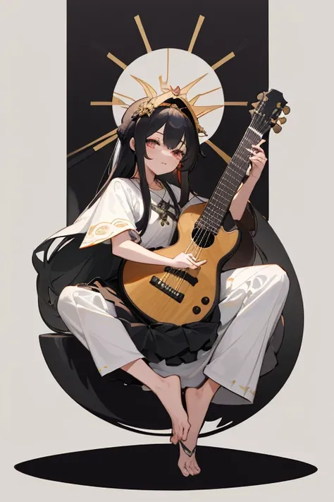 (best quality,4k,highres,masterpiece:1.2),anime girl in a garden,holding a guitar while sitting cross-legged,playing a lute,world of lutes,a divine anime goddess,benzaiten costume,saraswati,((full body)),((line art style)),((black and white)),